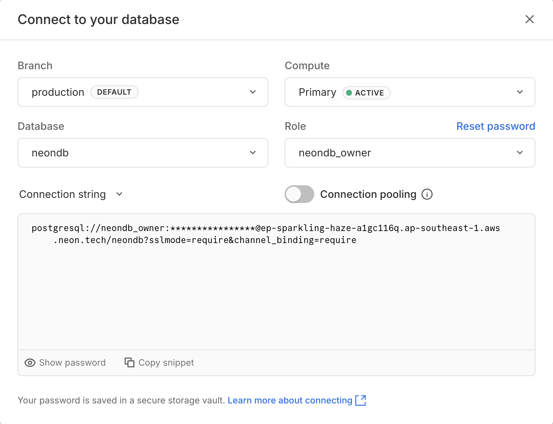Neon direct connection string modal