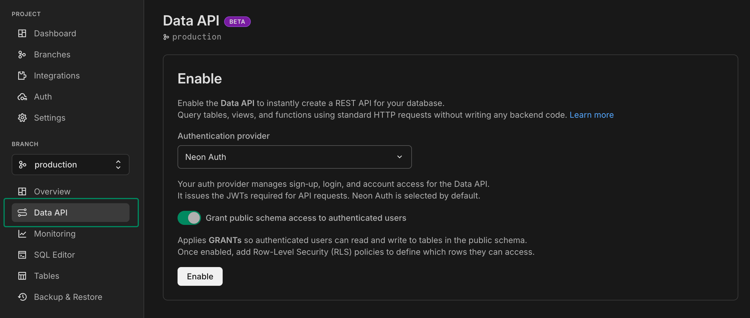 Data API page with enable button
