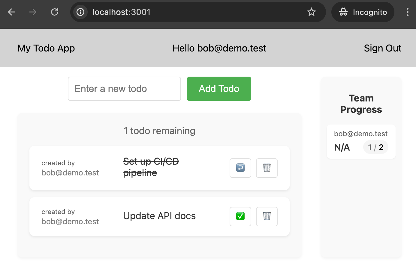 Todo list showing clean state after user deletion